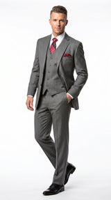 Men’s Medium Grey Classic Vested Pinstripe Suit with Jacket, Vest and Pants, Formal Dress Suit