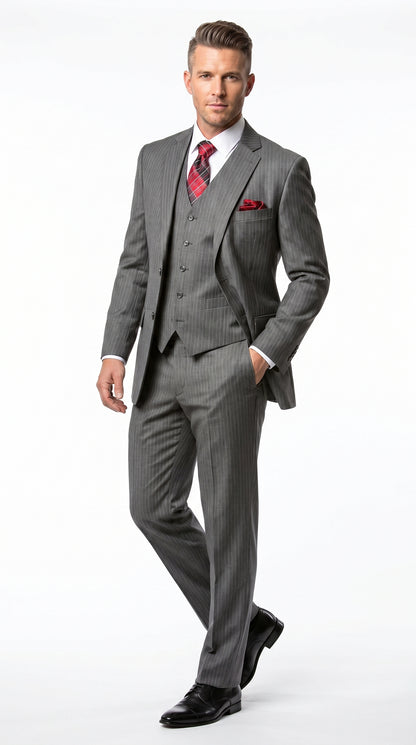 Men’s Medium Grey Classic Vested Pinstripe Suit with Jacket, Vest and Pants, Formal Dress Suit