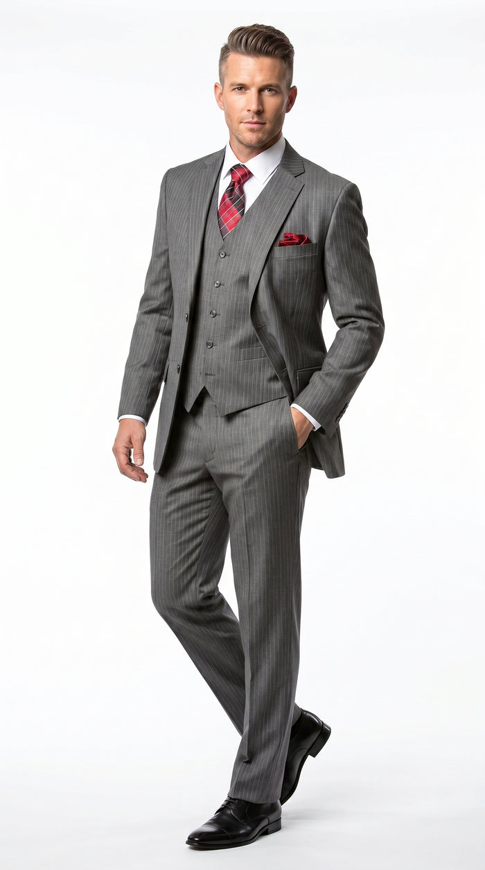 Men’s Medium Grey Classic Vested Pinstripe Suit with Jacket, Vest and Pants, Formal Dress Suit