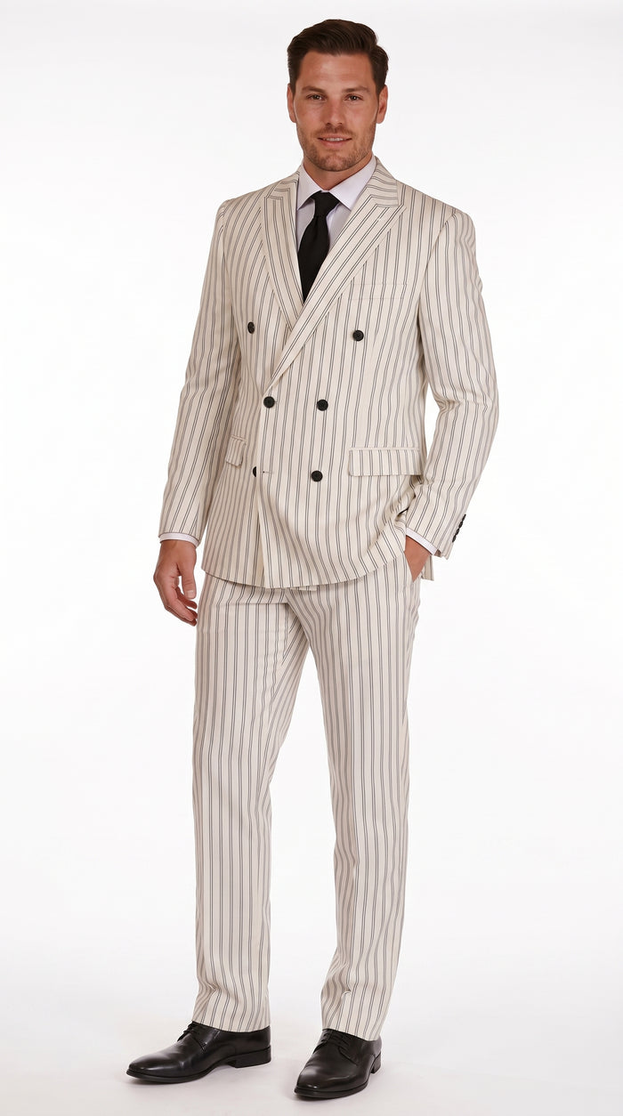 Men’s Off White Double Breasted Pinstripe Suit with Jacket and Pants, Formal Wedding Dress Suit