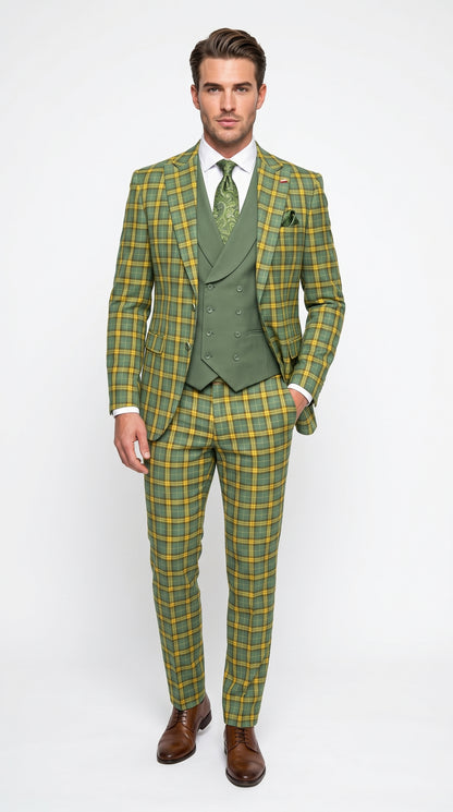 Statement - Men’s Blue and Gold Windowpane Plaid 3 Piece Wool Suit with Double Breasted Vest Modern Fit