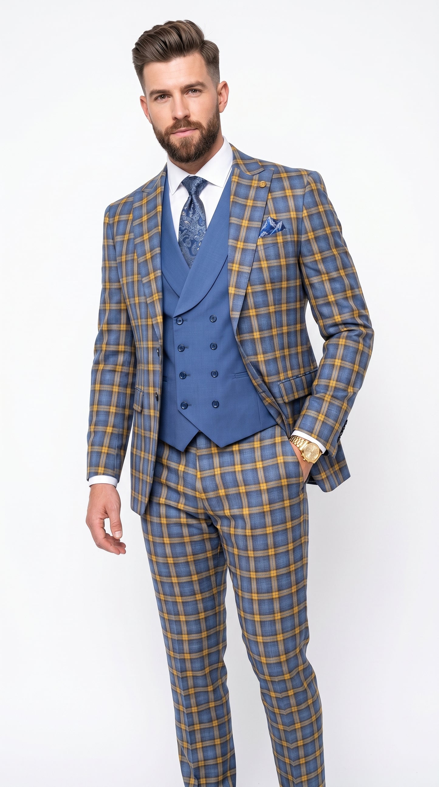 Statement - Men’s Blue and Gold Windowpane Plaid 3 Piece Wool Suit with Double Breasted Vest Modern Fit