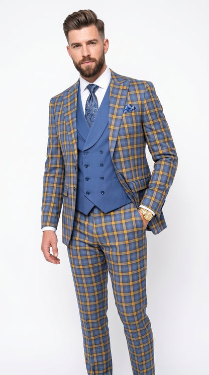 Statement - Men’s Blue and Gold Windowpane Plaid 3 Piece Wool Suit with Double Breasted Vest Modern Fit