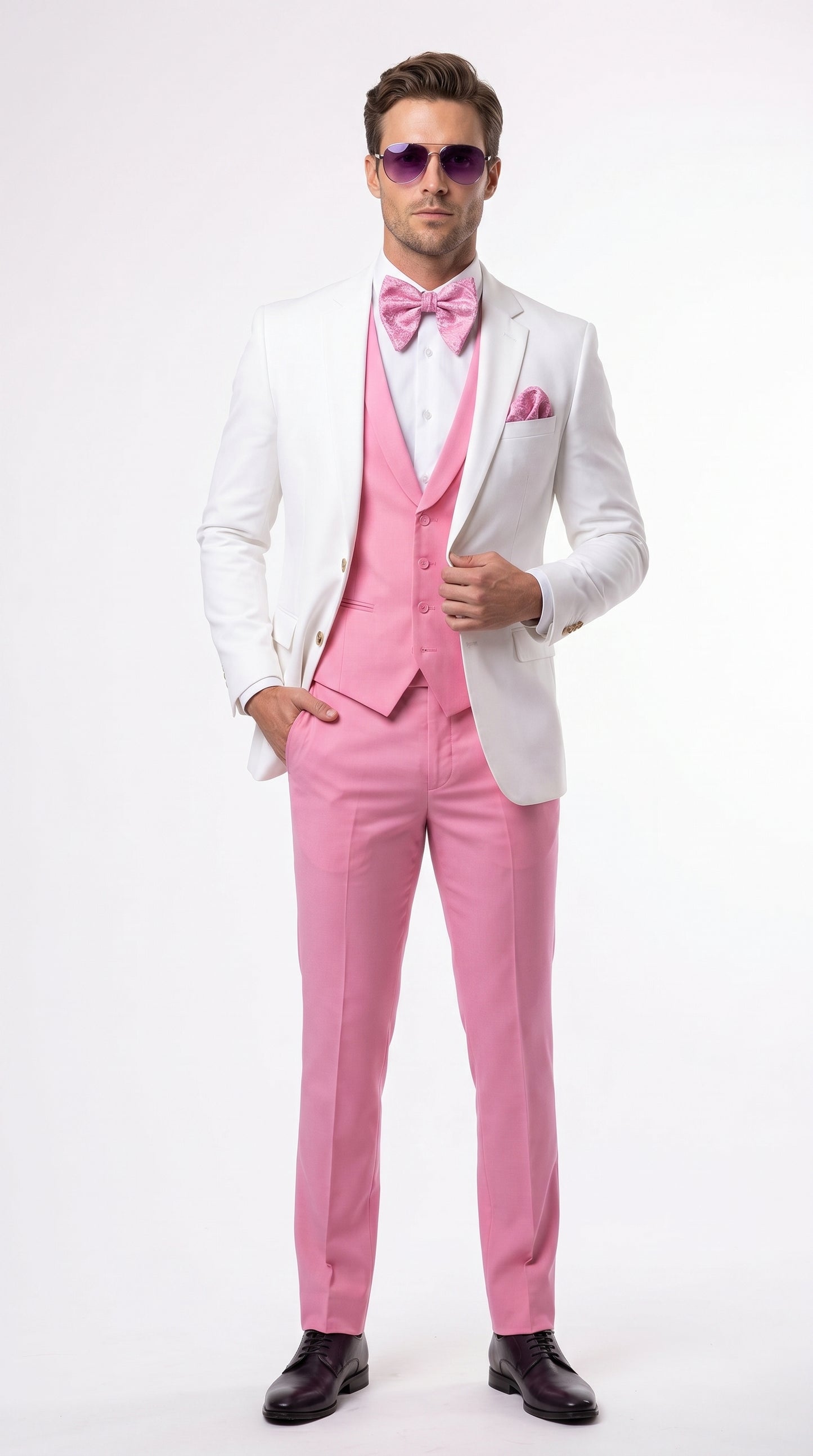 Men’s White and Light Pink Tuxedo Wedding Suit with Dinner Jacket, Vest, Pants and Bow Tie