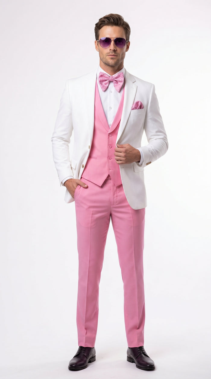 Men’s White and Light Pink Tuxedo Wedding Suit with Dinner Jacket, Vest, Pants and Bow Tie