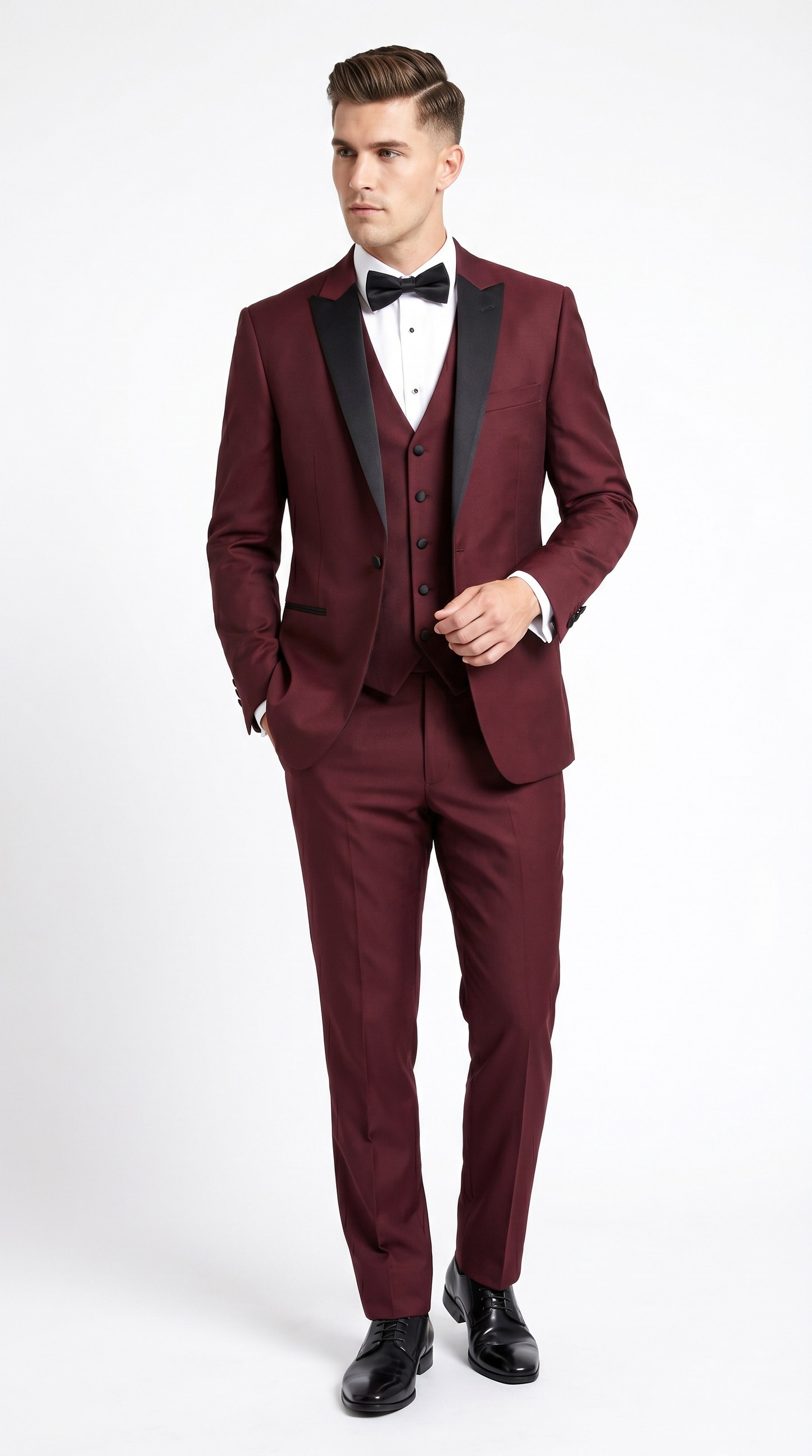 Men’s Burgundy Wine Tuxedo Suit with Black Peak Lapel, Jacket and Pants Formal Dinner Suit