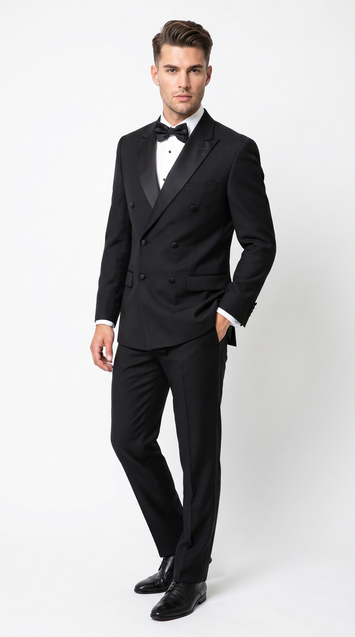 Men’s Black Double Breasted Tuxedo with Super 150s Style, Designer Formal Wedding Dinner Suit