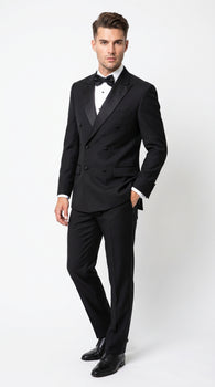 Men’s Black Double Breasted Tuxedo with Super 150s Style, Designer Formal Wedding Dinner Suit