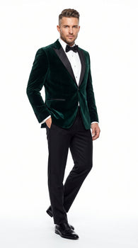 Men’s Olive Hunter Green Velvet Tuxedo Jacket with Black Satin Lapel, Formal Wedding Dinner Blazer