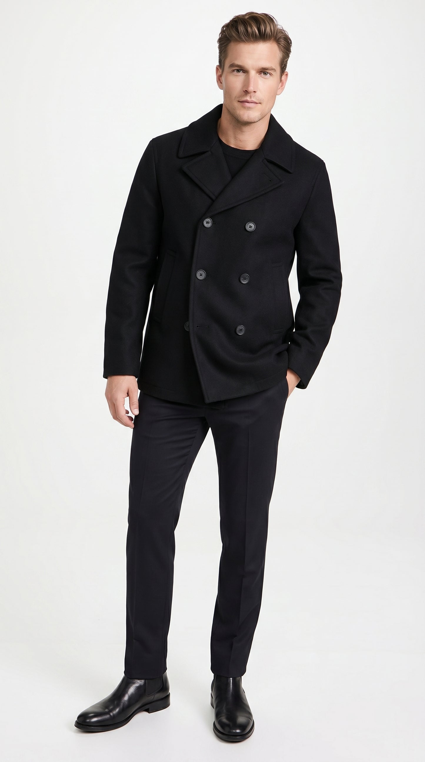 Men’s Black Big and Tall Wool Peacoat with Three Button Double Breasted Closure