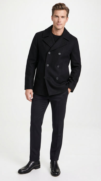 Men’s Black Big and Tall Wool Peacoat with Three Button Double Breasted Closure
