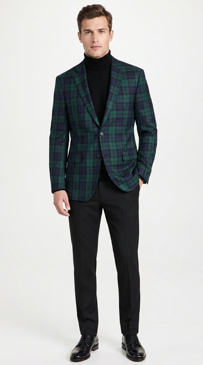 Men’s Green Tartan Plaid Dinner Jacket with Notch Lapel, Formal Sportcoat Blazer