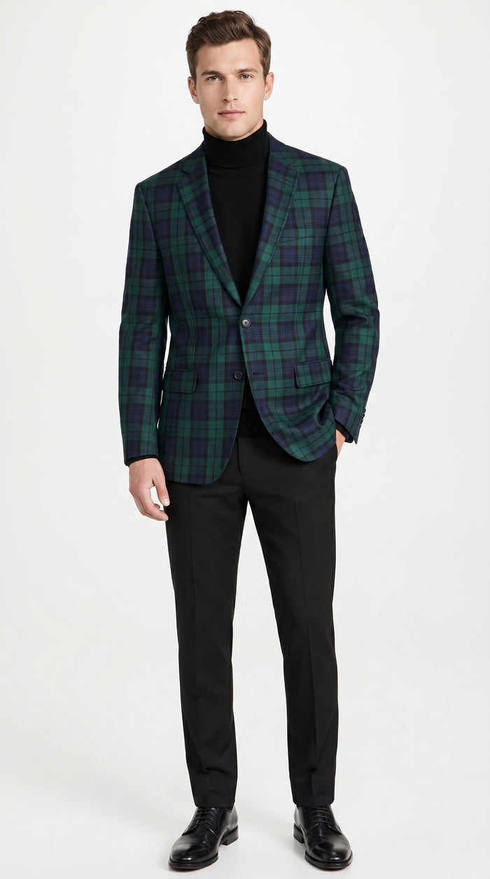 Men’s Green Tartan Plaid Dinner Jacket with Notch Lapel, Formal Sportcoat Blazer