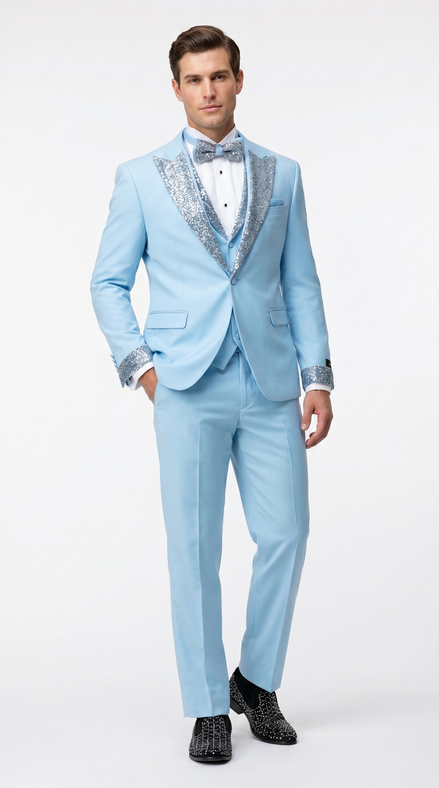 Men’s Baby Blue Prom Tuxedo with Vested Suit, Rhinestone Sequin Lapel and Matching Pants