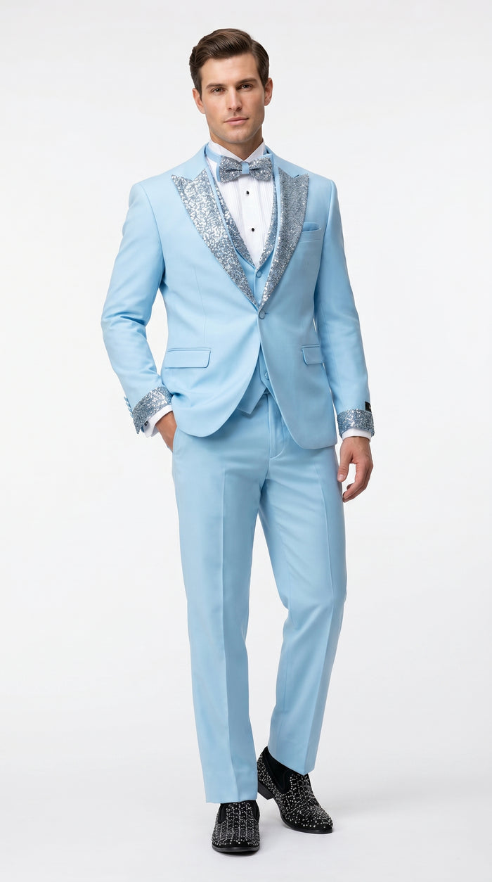 Men’s Baby Blue Prom Tuxedo with Vested Suit, Rhinestone Sequin Lapel and Matching Pants