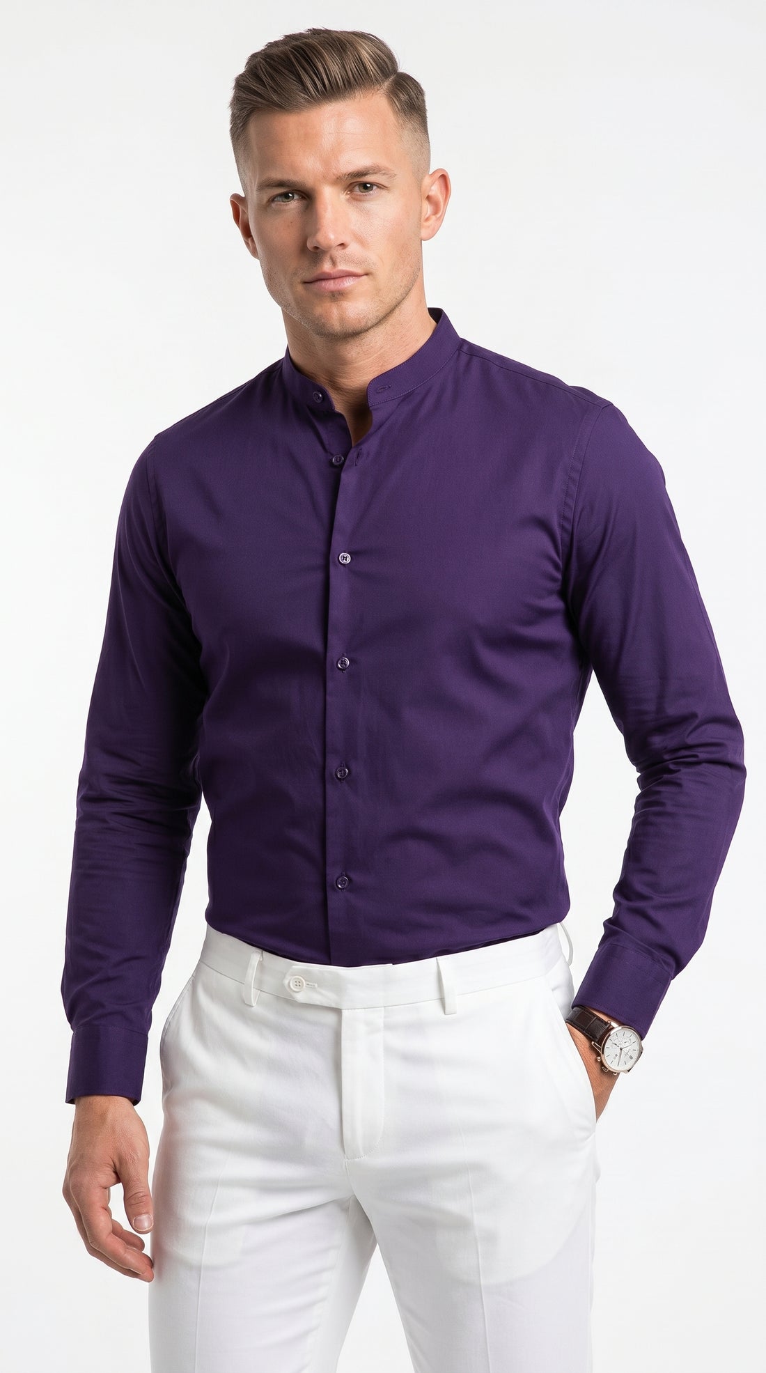Mandarin Collarless Nehru Collar Preacher Round Style Multi-color Men's Dress Shirt