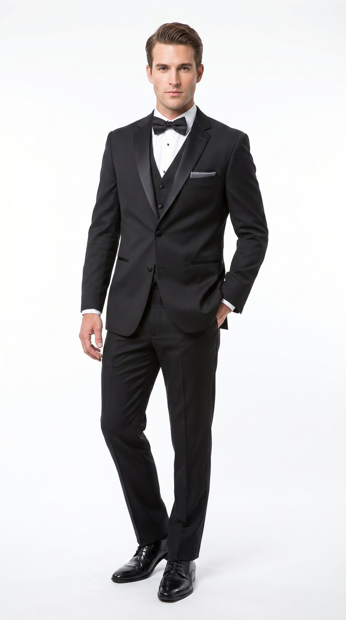 Men’s Black 2 Button Classic Vested Wedding Tuxedo with Satin Lapel and Matching Pants