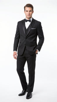 Men’s Black 2 Button Classic Vested Wedding Tuxedo with Satin Lapel and Matching Pants