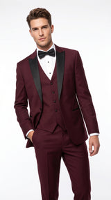 Men’s Burgundy Vested Wedding Tuxedo, One Button Jacket with Black Peak Lapel and Matching Pants