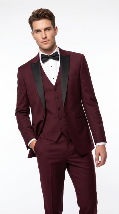 Men’s Burgundy Vested Wedding Tuxedo, One Button Jacket with Black Peak Lapel and Matching Pants