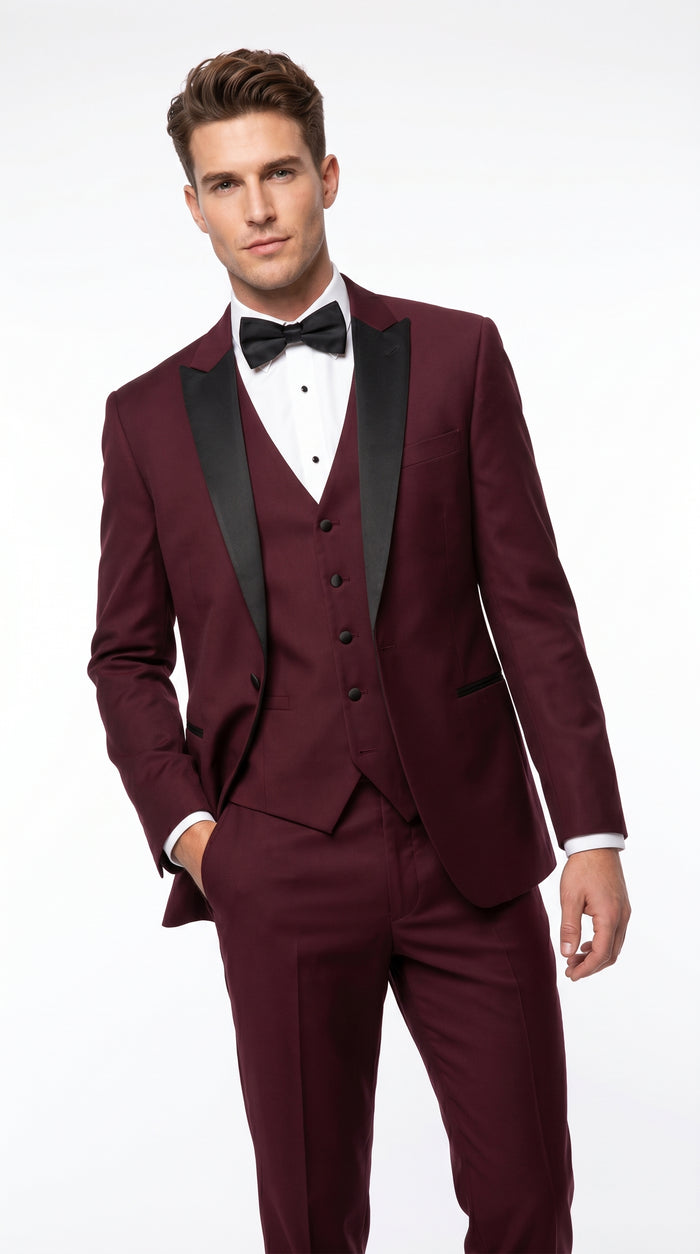 Men’s Burgundy Vested Wedding Tuxedo, One Button Jacket with Black Peak Lapel and Matching Pants