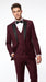 Men’s Burgundy Vested Wedding Tuxedo, One Button Jacket with Black Peak Lapel and Matching Pants