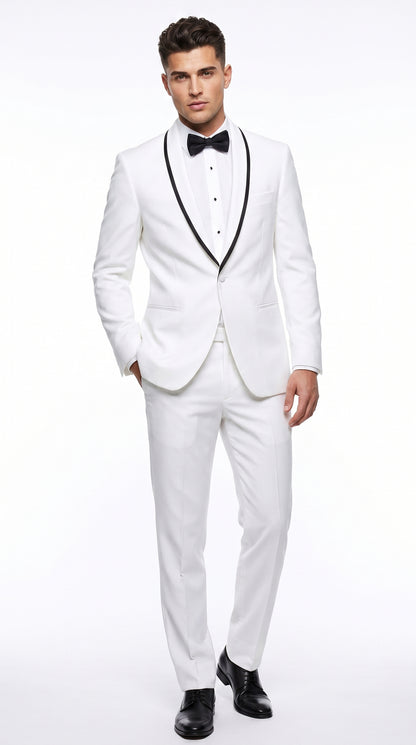 Men’s Waverly White 1 Button Shawl Tuxedo Jacket with Black Trim, Ike Evening Formal Blazer