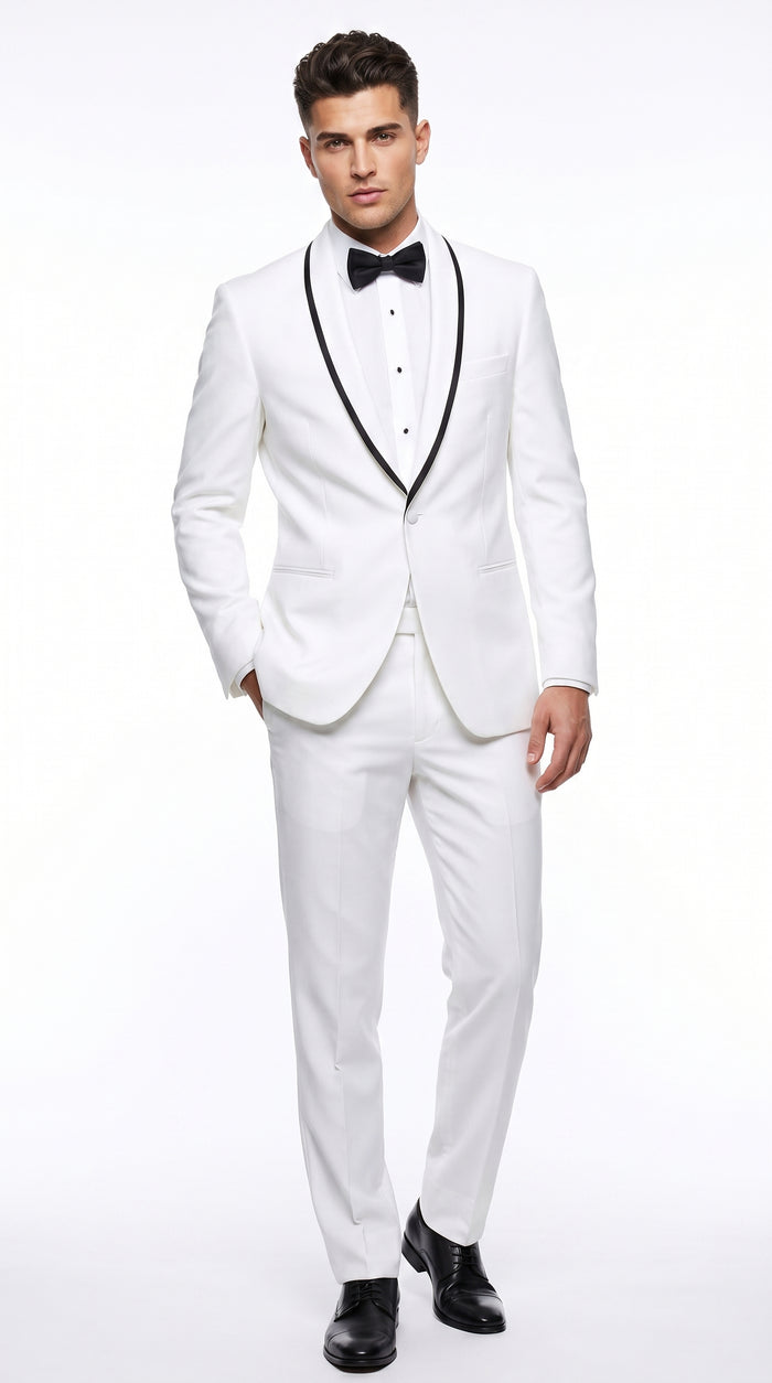 Men’s Waverly White 1 Button Shawl Tuxedo Jacket with Black Trim, Ike Evening Formal Blazer