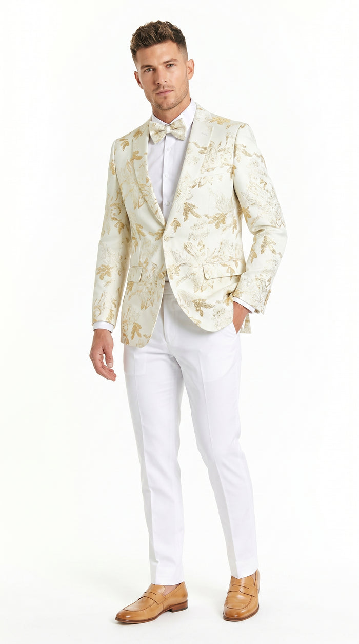 Men’s Off White and Gold Floral Paisley Tuxedo Blazer, Big and Tall Sparkling Formal Sport Coat