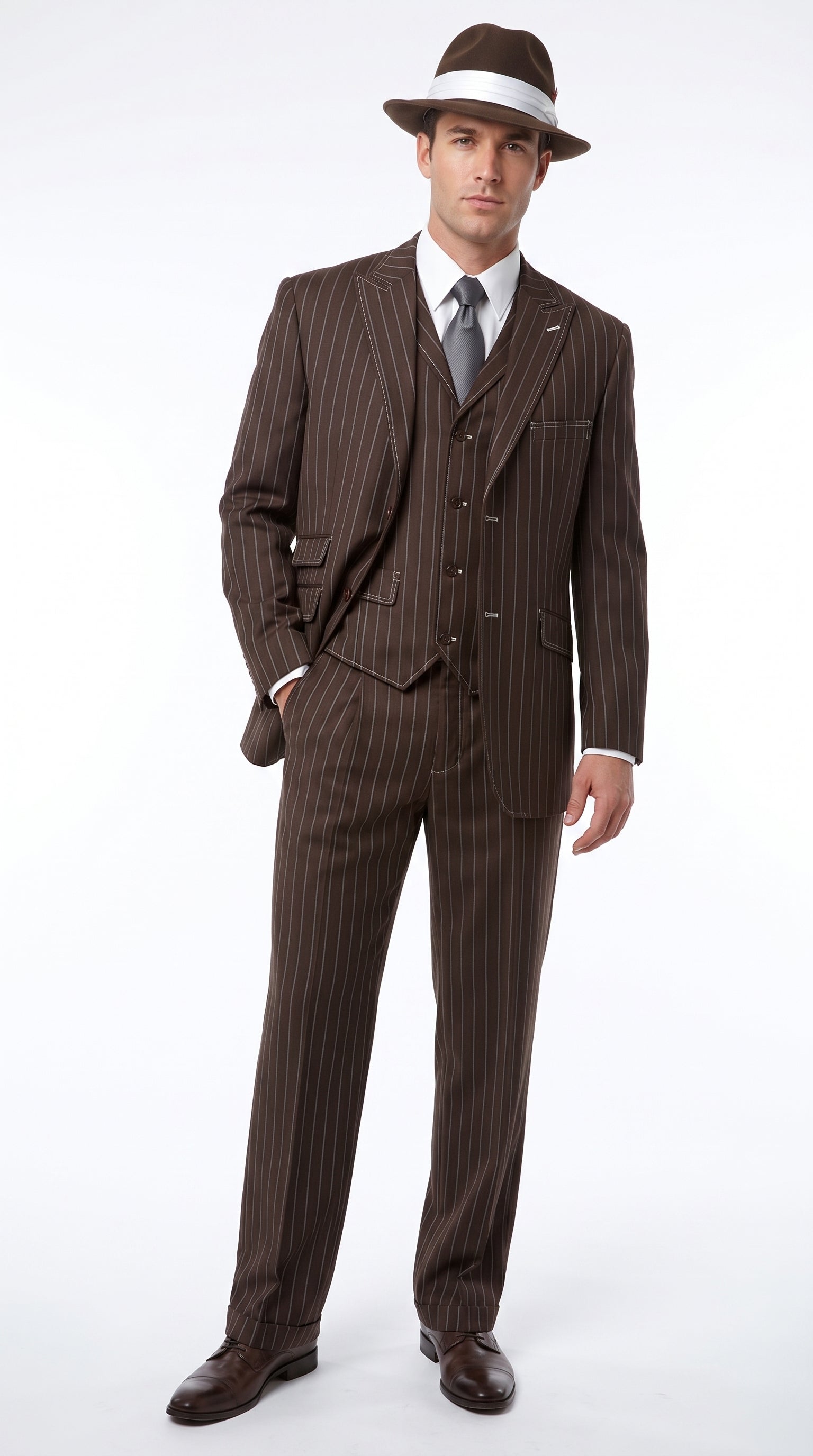 Men's Brown Pinstripe Zoot Suit with 3 Button Jacket, Vest and