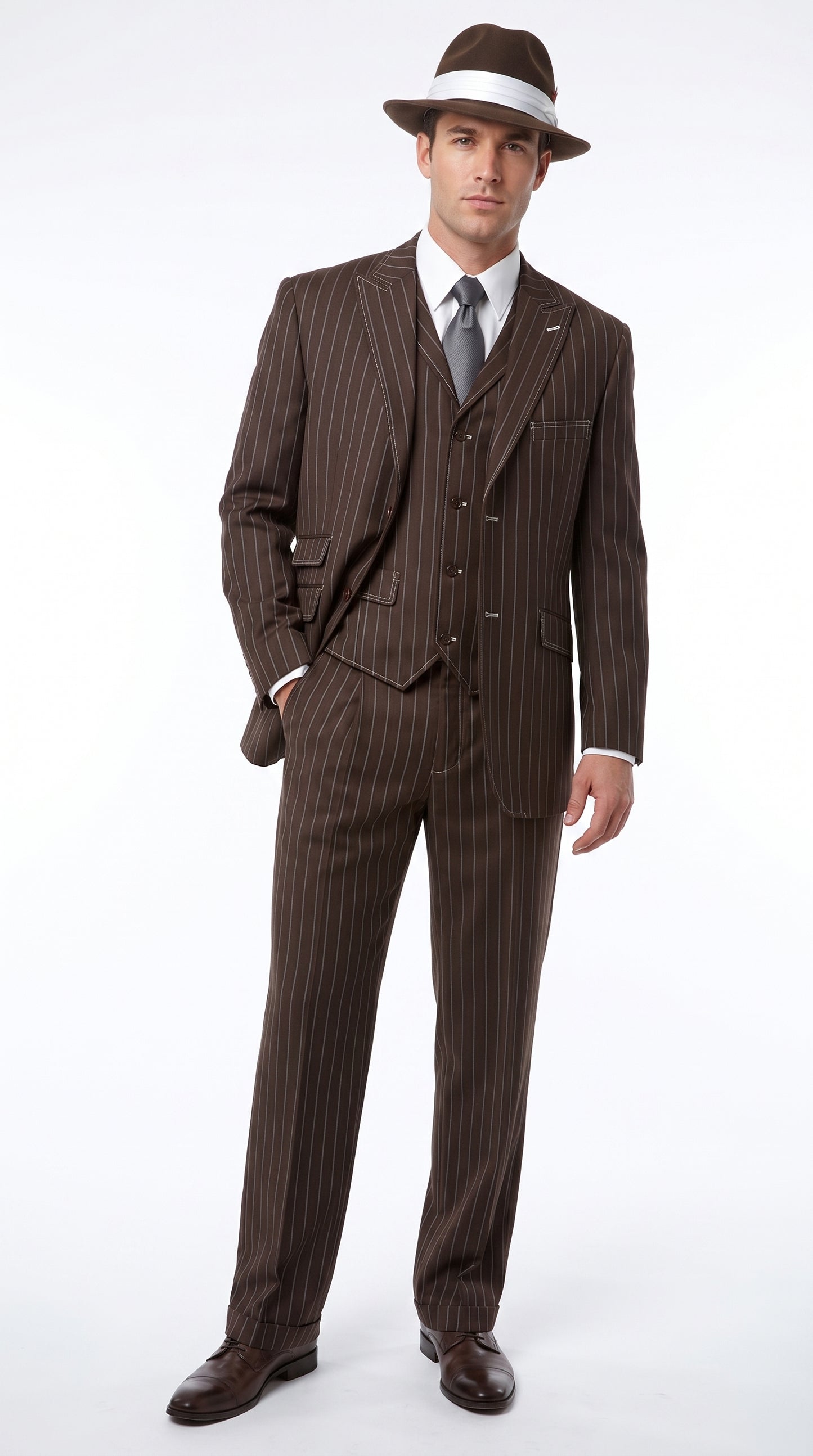 Men’s Brown Pinstripe Zoot Suit with 3 Button Jacket, Vest and Wide Leg Pants, 1920s Gangster Suit