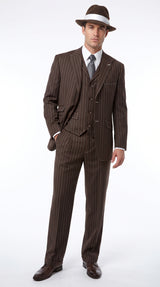 Men’s Brown Pinstripe Zoot Suit with 3 Button Jacket, Vest and Wide Leg Pants, 1920s Gangster Suit