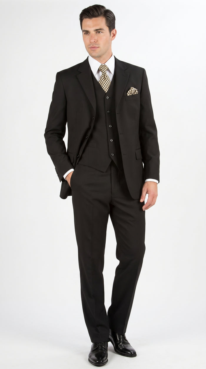 Men’s Black Three Button Poplin Suit with Classic Jacket and Pleated Pants, Formal Dress Suit