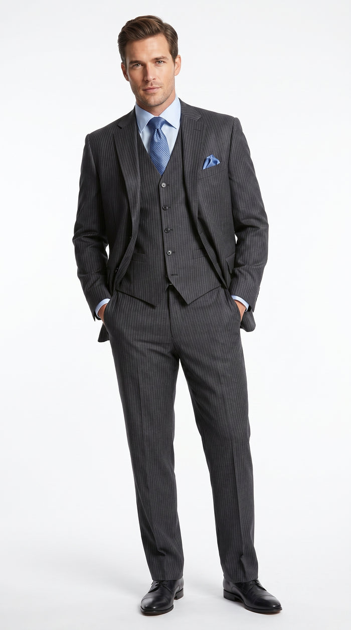 Men’s Charcoal Gray Pinstripe 3 Piece Vested Suit with 2 or 3 Button Jacket, Formal Dress Suit