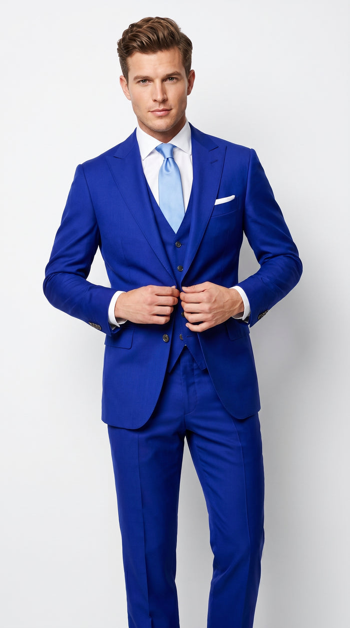 Men’s Electric Royal Blue Suit with Two Flap Front Pockets, Formal Wedding Prom Dress Suit