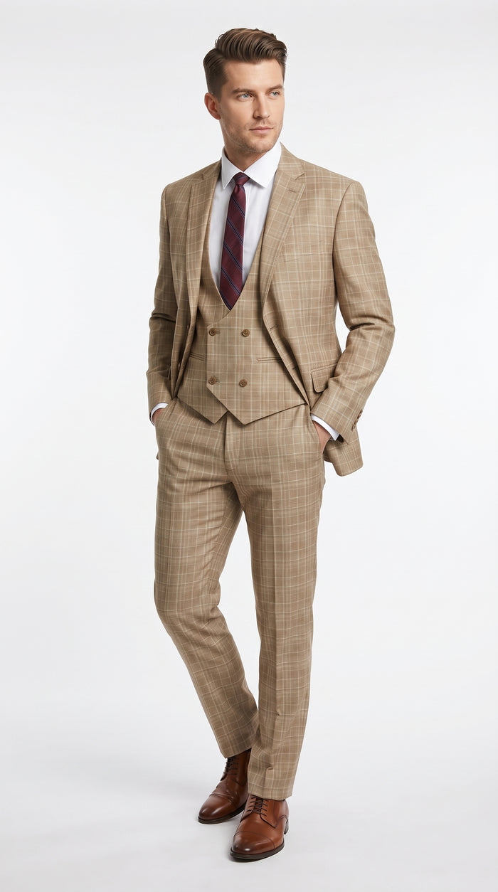 Men’s Camel Plaid Windowpane Vested Suit with 2 Button Jacket, Peak Lapel and Matching Pants Modern Fit