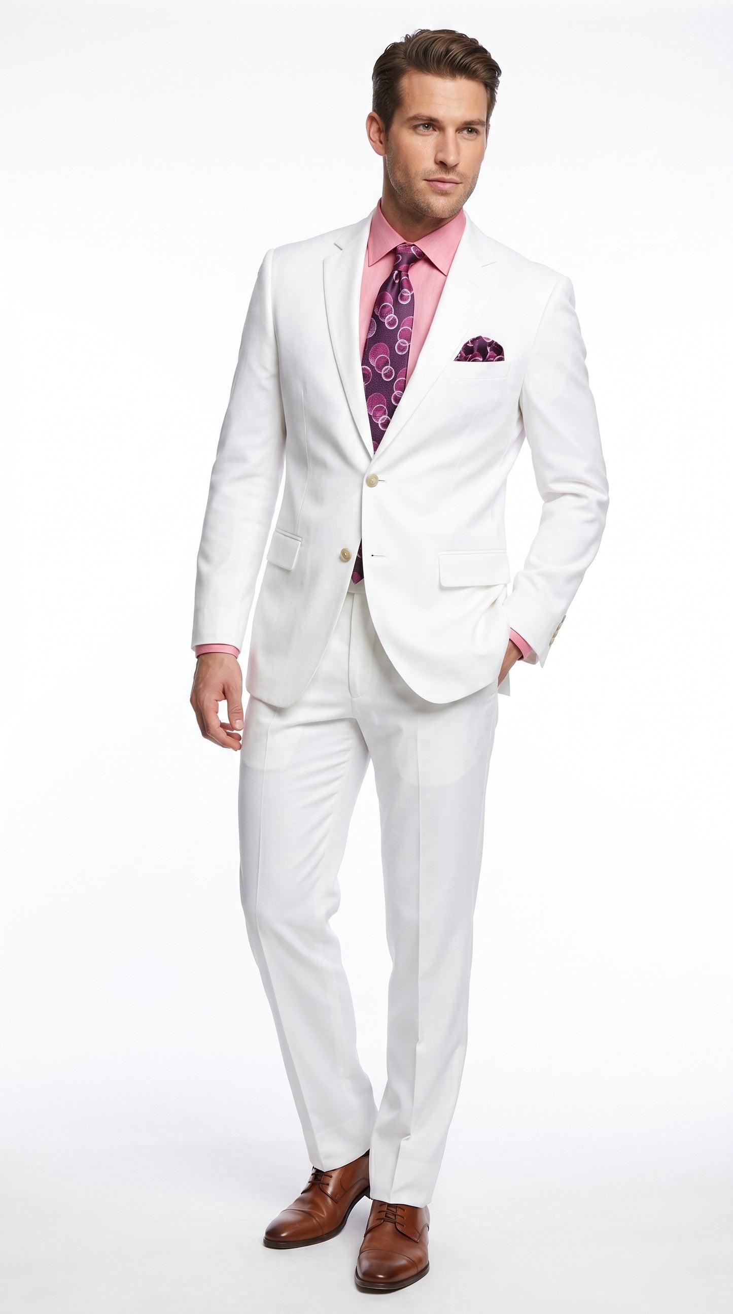 Men’s White Linen 2 Piece Suit with Two Button Jacket, Side Vents and Matching Pants