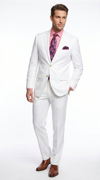Men’s White Linen 2 Piece Suit with Two Button Jacket, Side Vents and Matching Pants