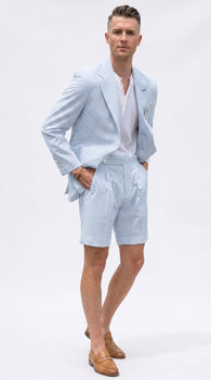 Men’s Light Blue Seersucker Suit with Shorts, Summer Mini Pinstripe Casual Dress Outfit