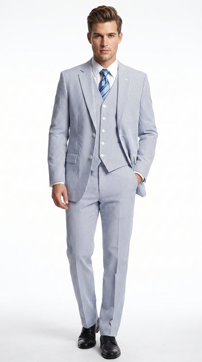 Men’s Light Blue Seersucker Suit with Jacket, Vest and Pants, High Quality Summer Dress Suit