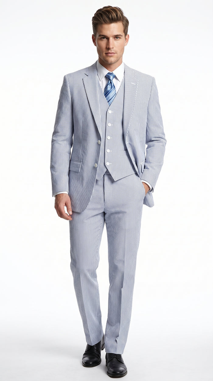 Men’s Light Blue Seersucker Suit with Jacket, Vest and Pants, High Quality Summer Dress Suit