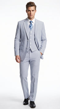 Men’s Light Blue Seersucker Suit with Jacket, Vest and Pants, High Quality Summer Dress Suit