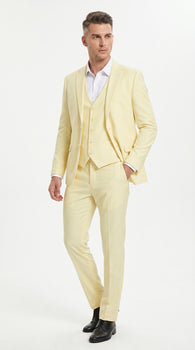 Men’s Yellow Seersucker Suit with Jacket, Vest and Pants, Summer Wedding Prom Dress Suit