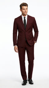 Men’s Burgundy Maroon Wine Suit with 2 Button Jacket and Matching Pants, Formal Wedding Dress Suit