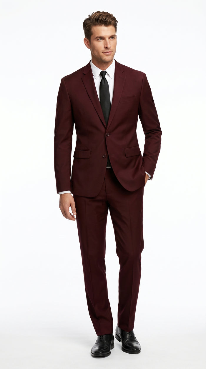Men’s Burgundy Maroon Wine Suit with 2 Button Jacket and Matching Pants, Formal Wedding Dress Suit