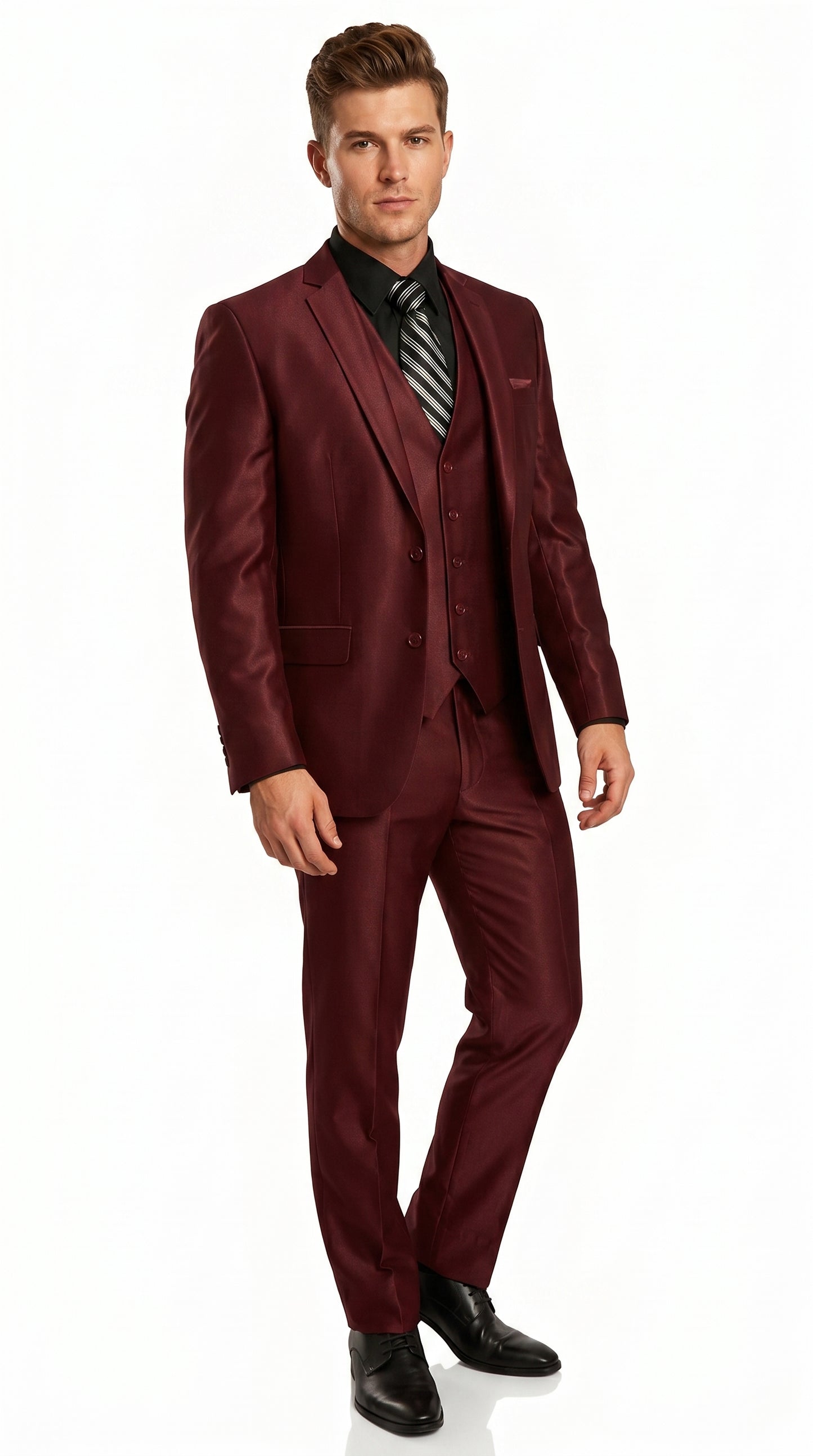 Men’s Burgundy Wine Maroon Sharkskin Vested Suit with Jacket, Vest and Pants