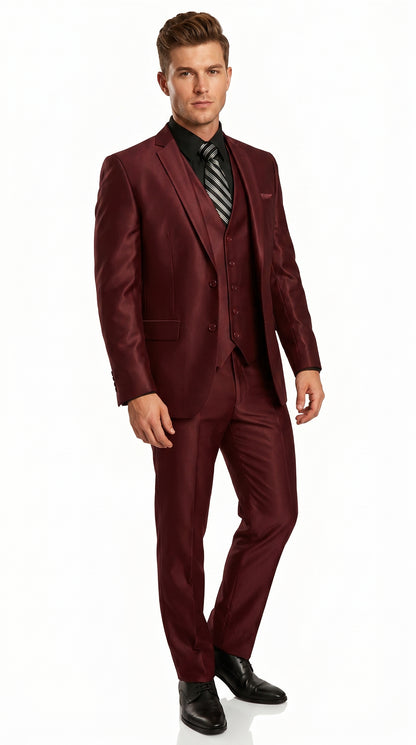 Men’s Burgundy Wine Maroon Sharkskin Vested Suit with Jacket, Vest and Pants