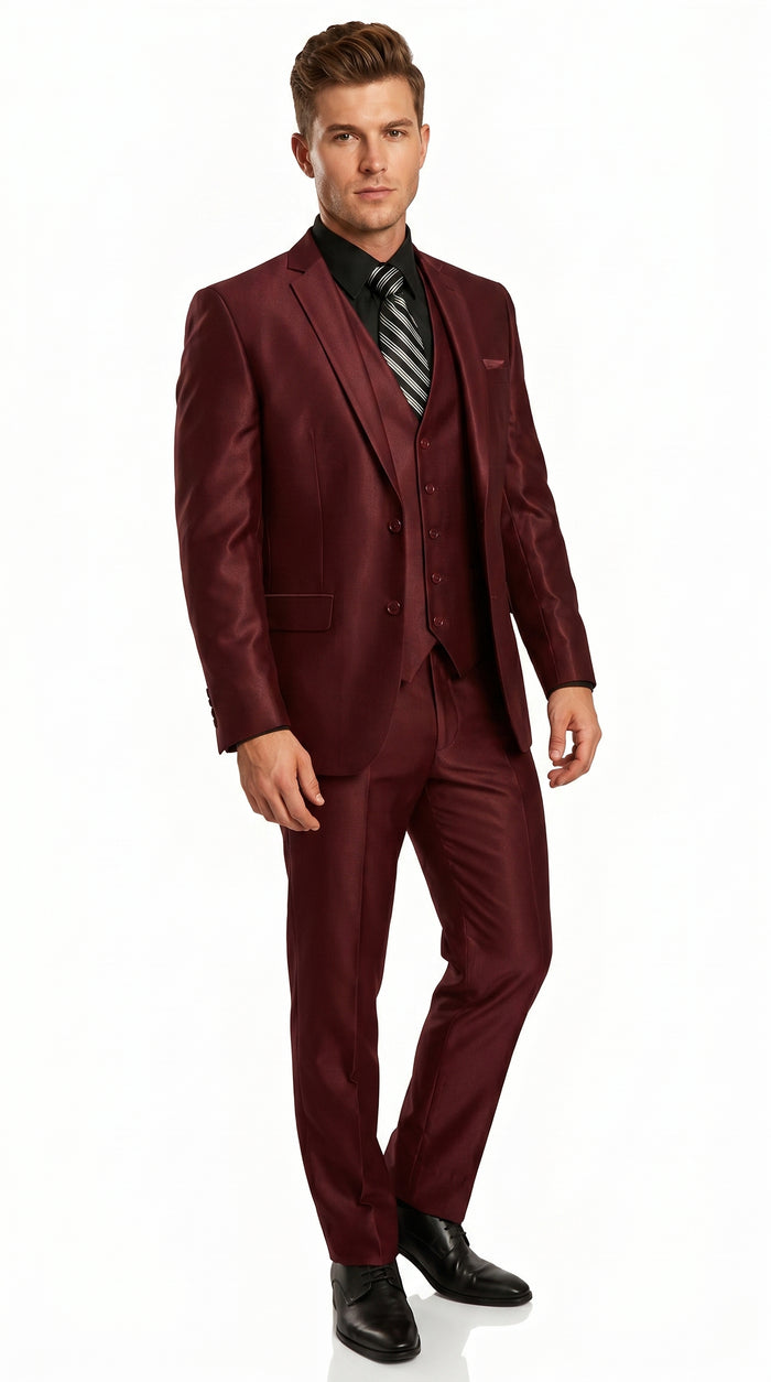 Men’s Burgundy Wine Maroon Sharkskin Vested Suit with Jacket, Vest and Pants