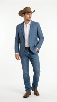 Men’s Light Blue Plaid Western Sport Coat, Business Casual Cowboy Blazer Jacket