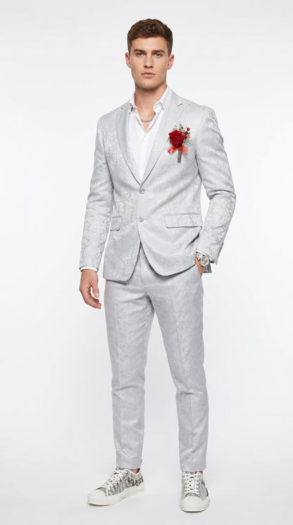 Men’s Silver Grey Shiny Paisley Graduation Suit, Formal Prom Wedding Dress Suit Modern Fit
